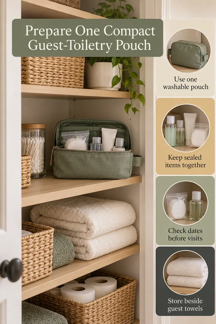 Color Palette Guide of guest toiletry welcome pouch in Linen closet showing use one washable pouch.
