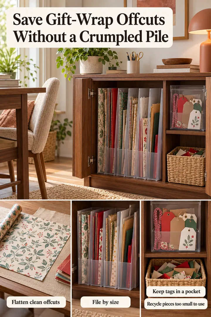 Room-by-Room Visual Guide of gift wrap offcut folder in Home office cabinet showing flatten clean offcuts.
