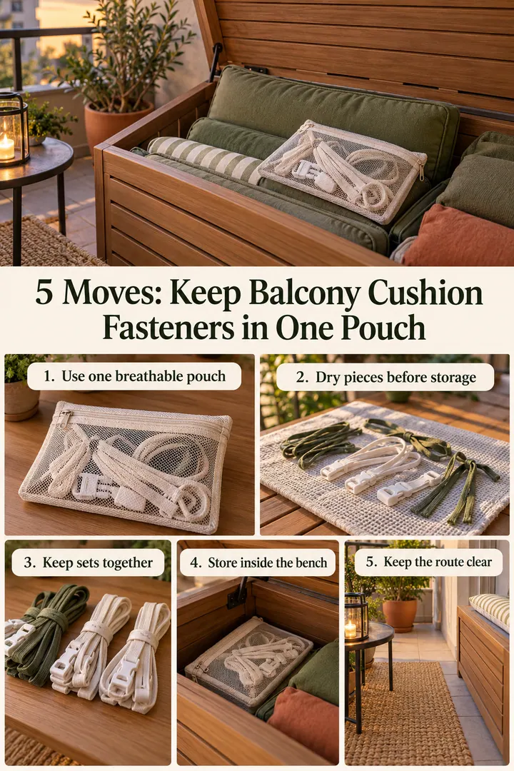 Numbered Ideas Infographic of balcony cushion tie pouch in Balcony storage bench showing use one breathable pouch.