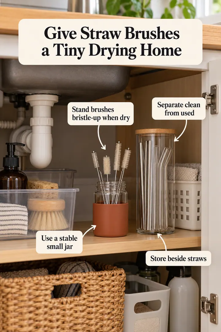 Annotated Educational Photo of reusable straw cleaning jar in Kitchen sink cabinet showing stand brushes bristle-up when dry.