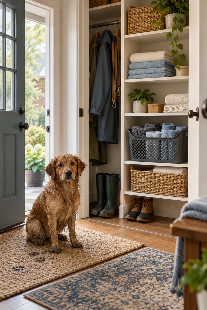 Clean Photo of dog grooming towel basket in Entry closet showing reserve one ventilated basket.