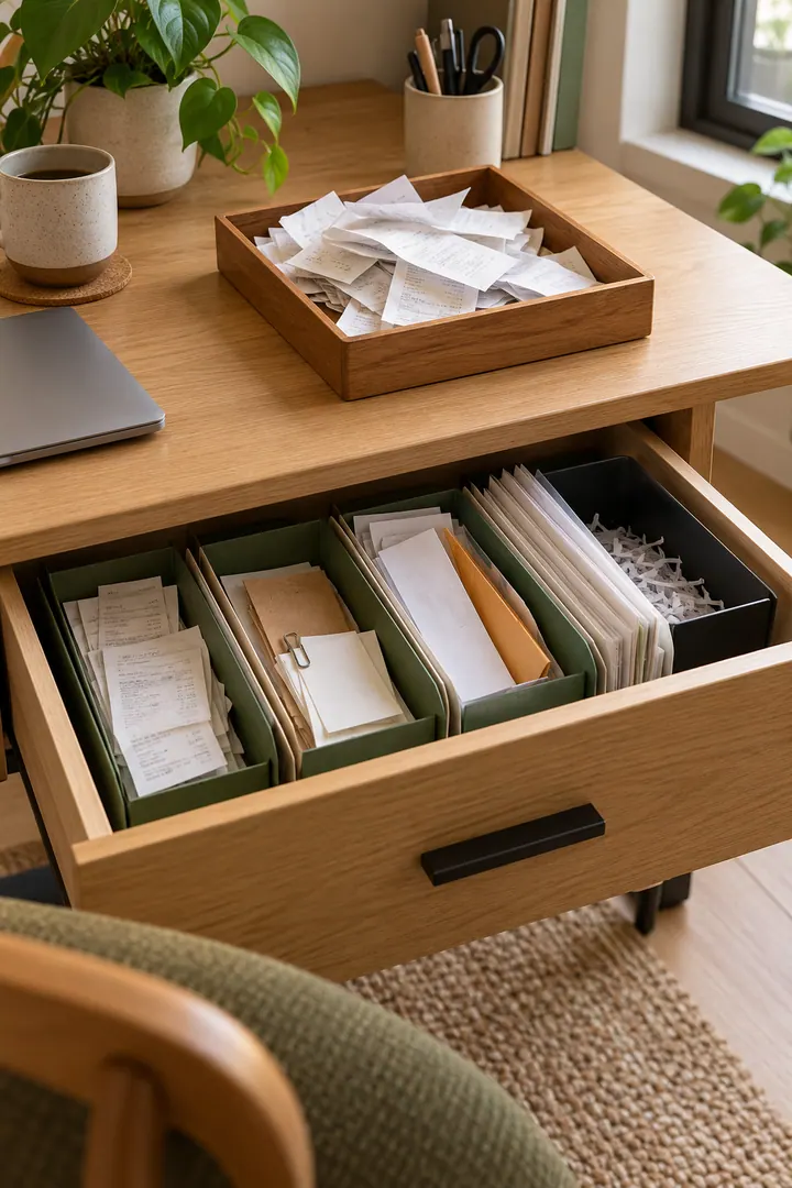 Detail/Lifestyle Photo of receipt action folders in Home office drawer showing create file review and archive sections.