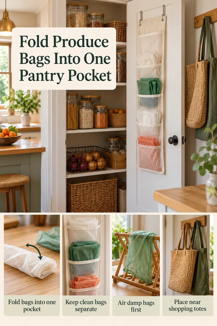 Editorial Educational Collage of reusable produce bag pocket in Kitchen pantry door showing fold bags into one pocket.