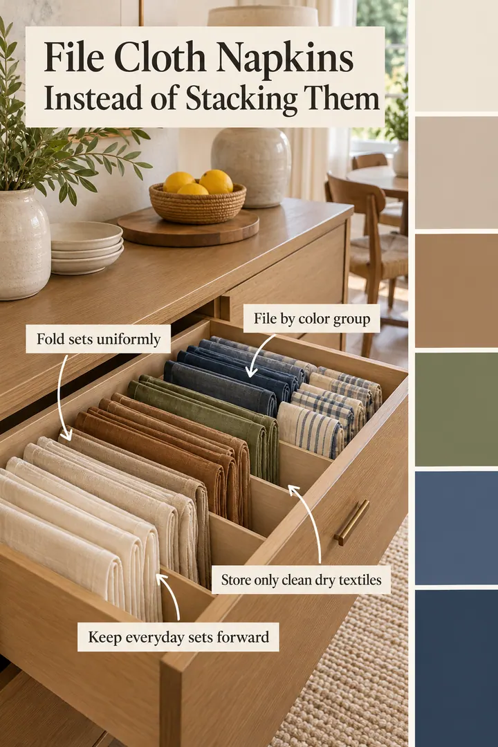 Color Palette Guide of cloth napkin vertical file in Dining console drawer showing fold sets uniformly.