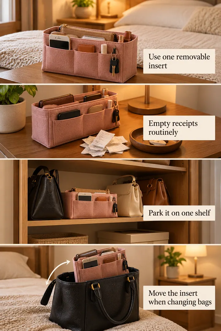 Room-by-Room Visual Guide of handbag insert parking shelf in Bedroom wardrobe showing use one removable insert.