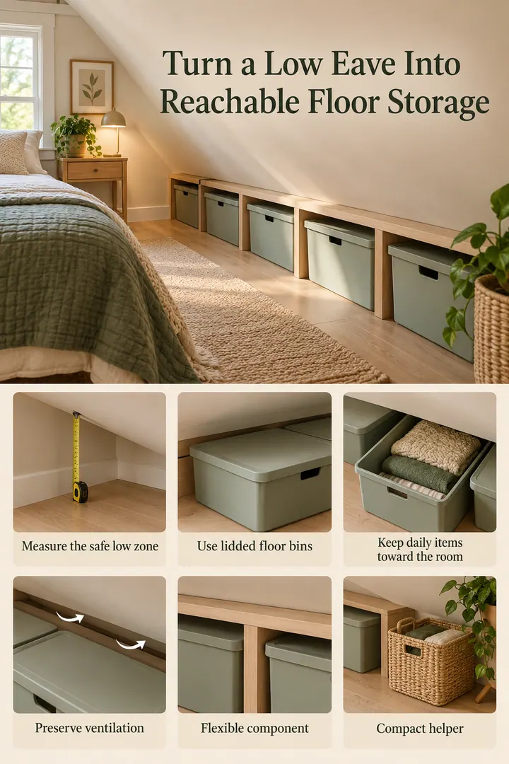 Budget Decor Catalog of sloped ceiling floor bin row in Attic bedroom knee wall showing measure the safe low zone.