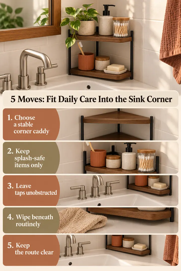 Numbered Ideas Infographic of corner sink triangle caddy in Tiny bathroom sink corner showing choose a stable corner caddy.