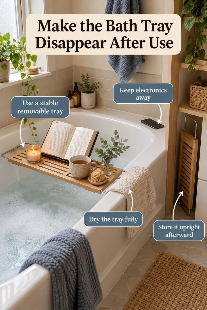 Annotated Educational Photo of bathtub reading tray reset in Small bathroom tub showing use a stable removable tray.