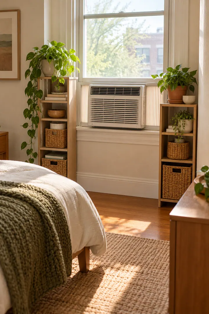 Clean Photo of window air conditioner side gap shelf in Small bedroom window wall showing respect required clearances.