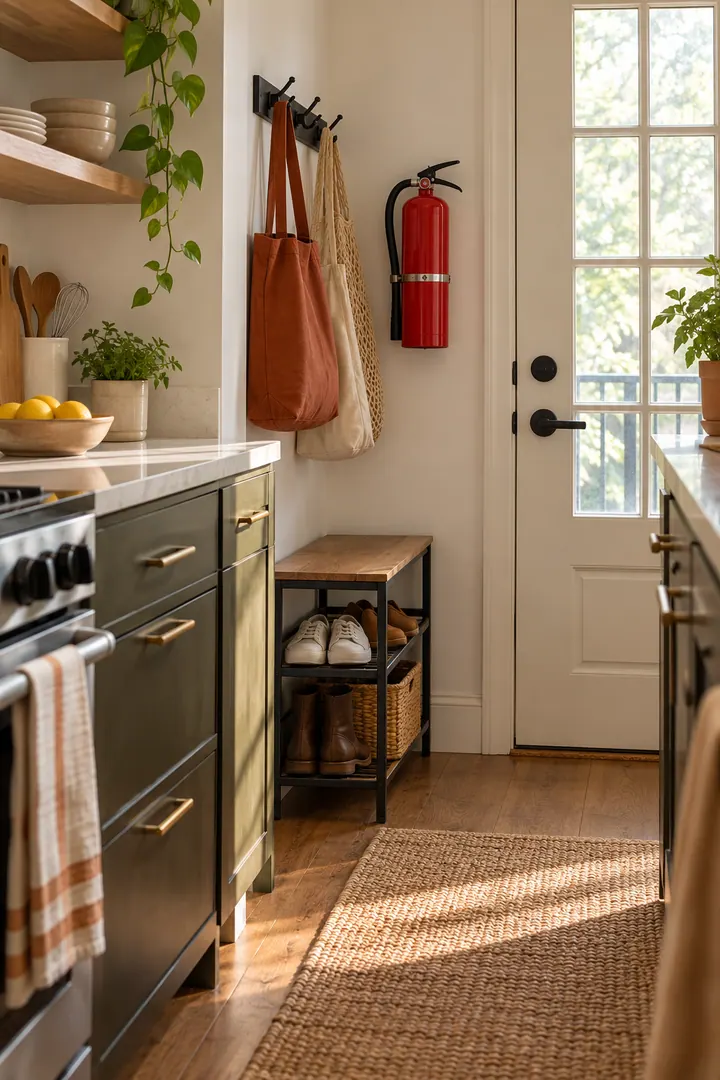 Detail/Lifestyle Photo of kitchen fire extinguisher clear zone in Galley kitchen exit wall showing keep equipment visible.
