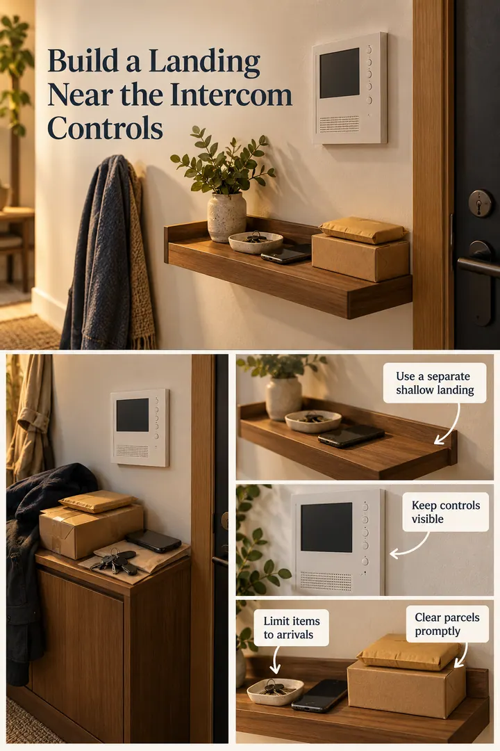 Editorial Educational Collage of entry intercom landing shelf in Apartment entry wall showing use a separate shallow landing.