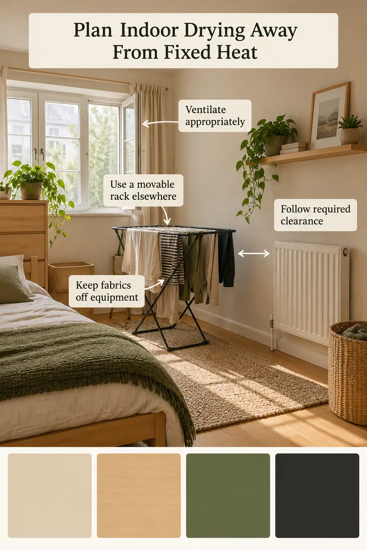 Color Palette Guide of bedroom radiator laundry buffer in Compact bedroom heat wall showing follow required clearance.