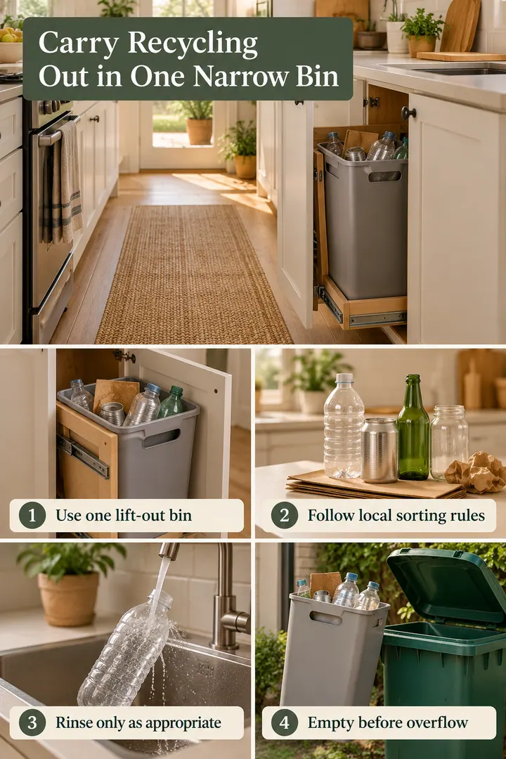 Room-by-Room Visual Guide of galley kitchen recycling carry bin in Galley kitchen end cabinet showing use one lift-out bin.