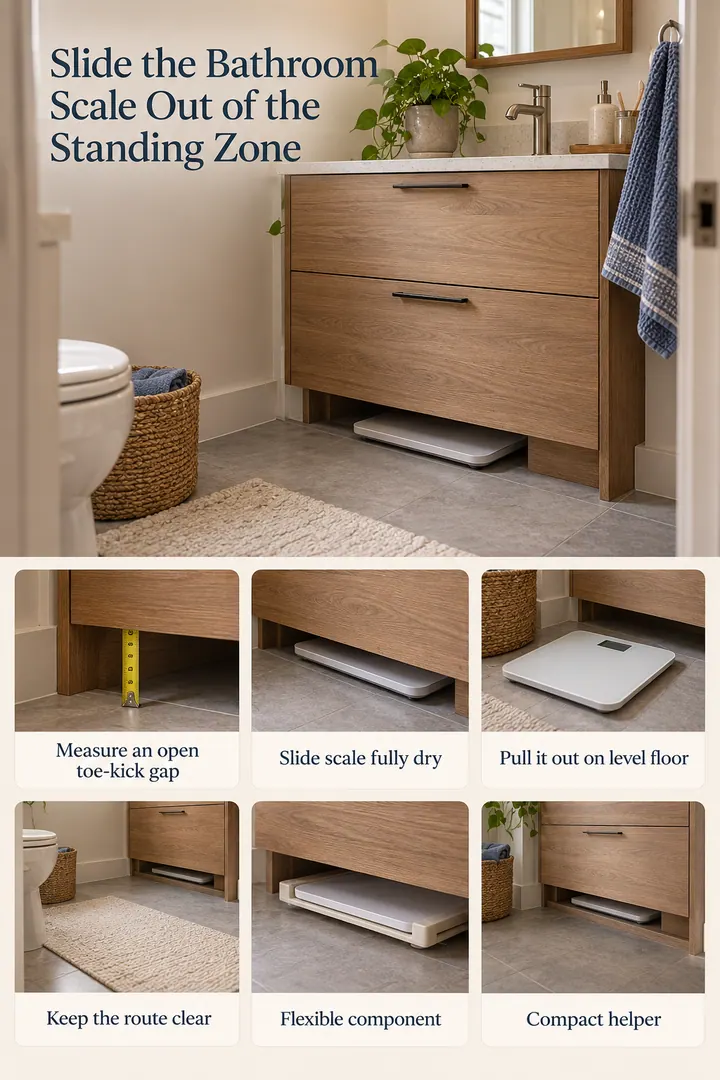 Budget Decor Catalog of bathroom scale toe-kick parking in Small bathroom vanity showing measure an open toe-kick gap.