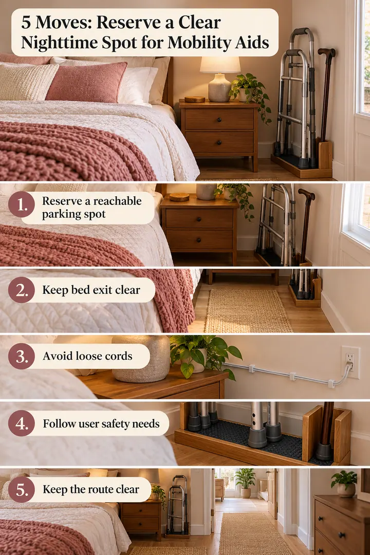 Numbered Ideas Infographic of bedside mobility aid parking in Compact bedroom bedside showing reserve a reachable parking spot.