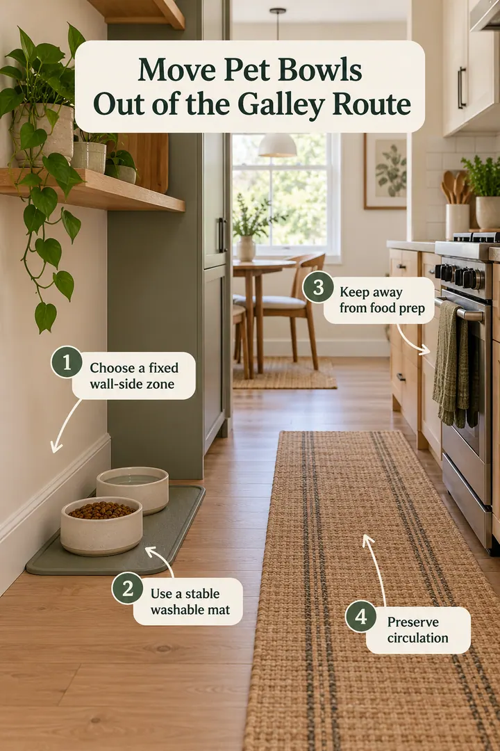 Annotated Educational Photo of kitchen pet feeding floor mat zone in Small kitchen wall edge showing choose a fixed wall-side zone.