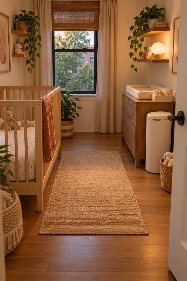 Clean Photo of nursery diaper disposal exit path in Small nursery corner showing place bin outside crib reach.