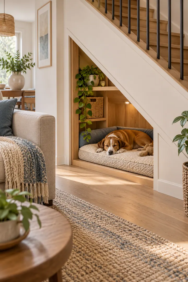 Detail/Lifestyle Photo of under stair pet retreat in Compact duplex stair void showing check the nook for safe access.