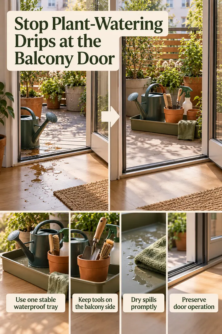 Editorial Educational Collage of balcony door plant watering station in Apartment balcony threshold showing use one stable waterproof tray.