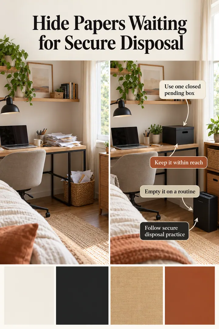 Color Palette Guide of home office shred pending box in Bedroom work nook showing use one closed pending box.
