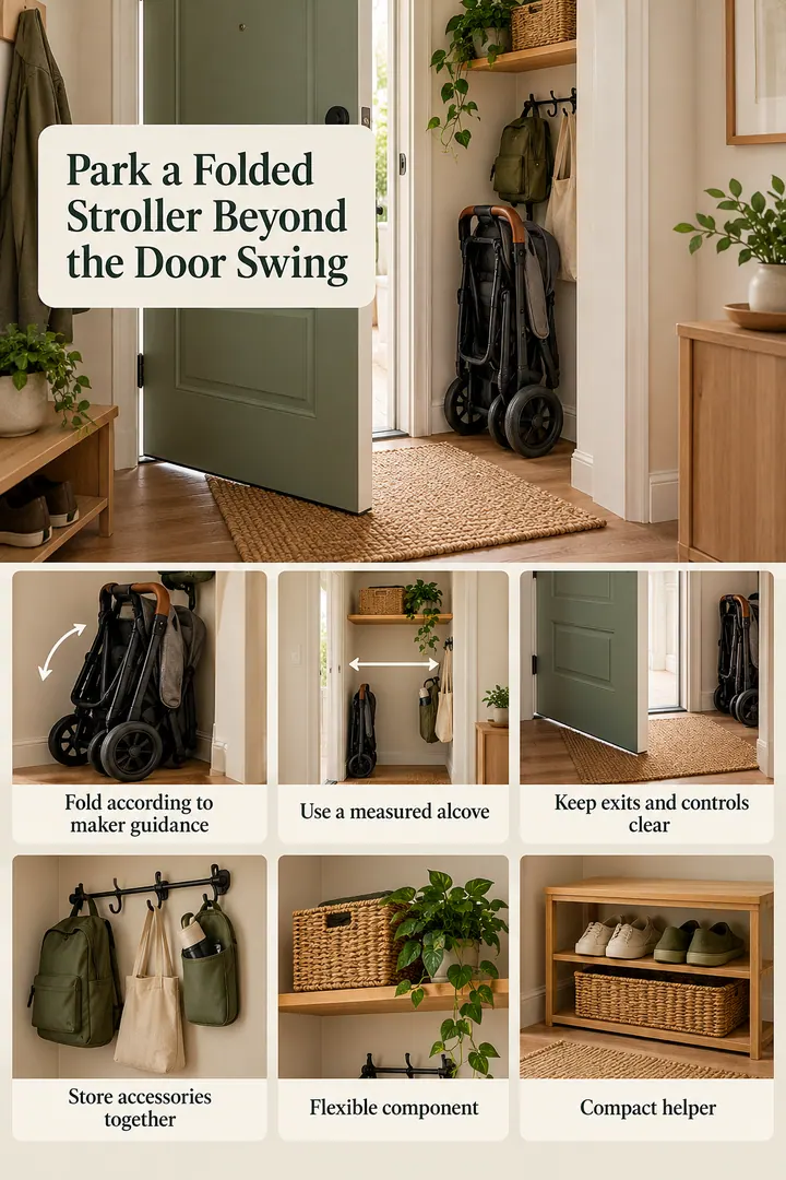 Budget Decor Catalog of entry stroller fold parking in Apartment entry alcove showing fold according to maker guidance.