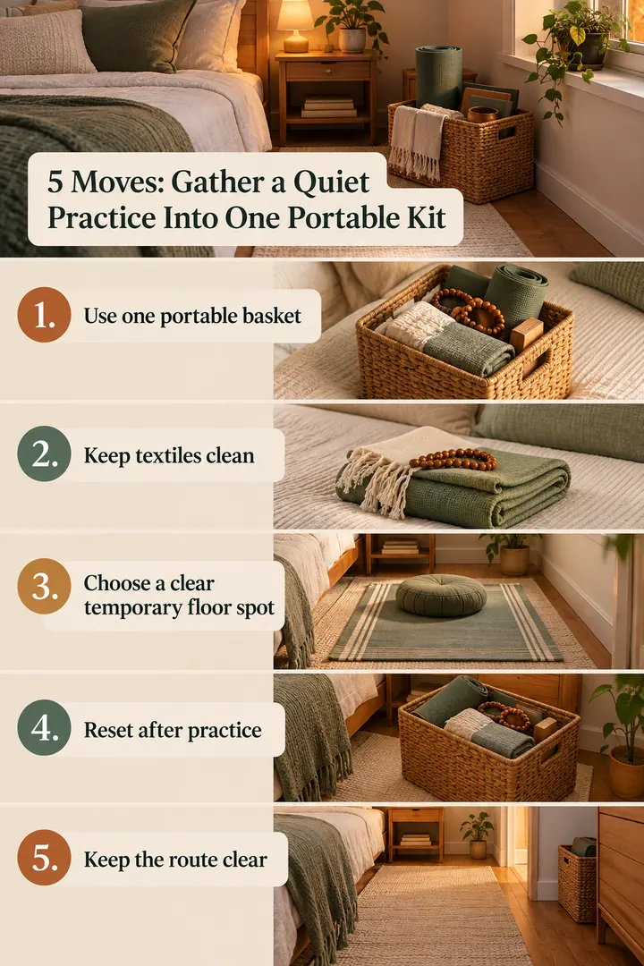 Numbered Ideas Infographic of bedroom prayer or meditation kit in Shared compact bedroom showing use one portable basket.