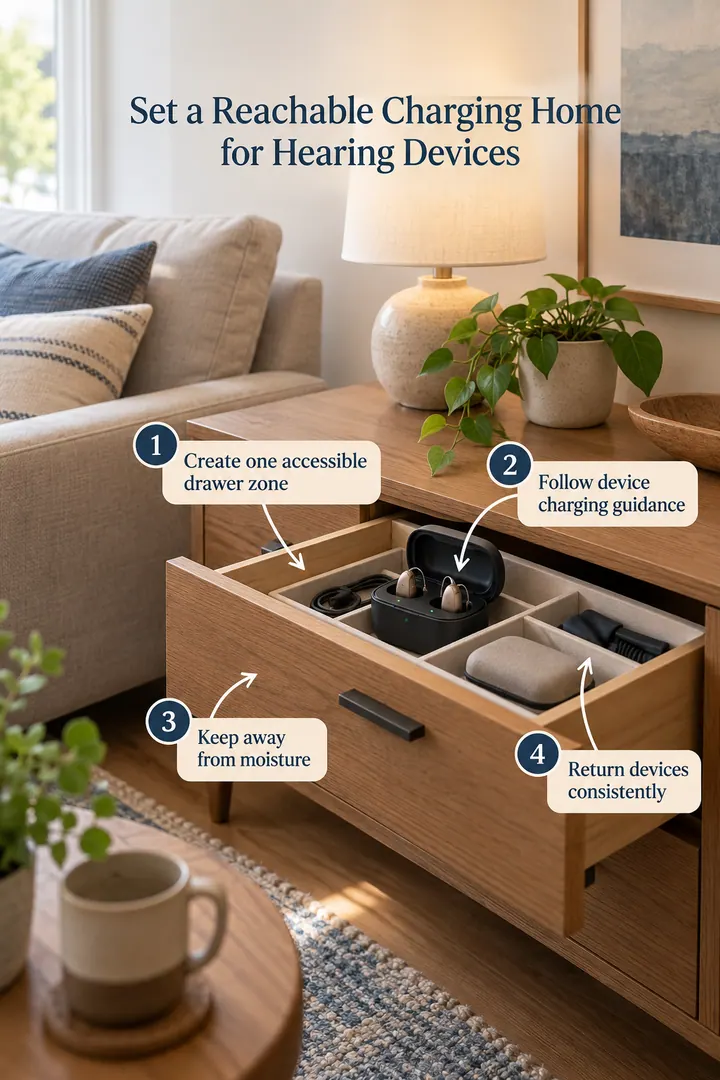 Annotated Educational Photo of living room hearing device charging drawer in Small living room console showing create one accessible drawer zone.