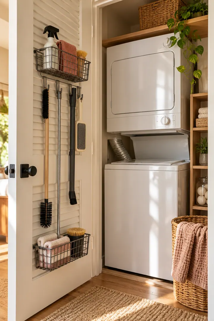 Clean Photo of laundry lint cleanup kit in Laundry closet door zone showing group approved cleaning tools.