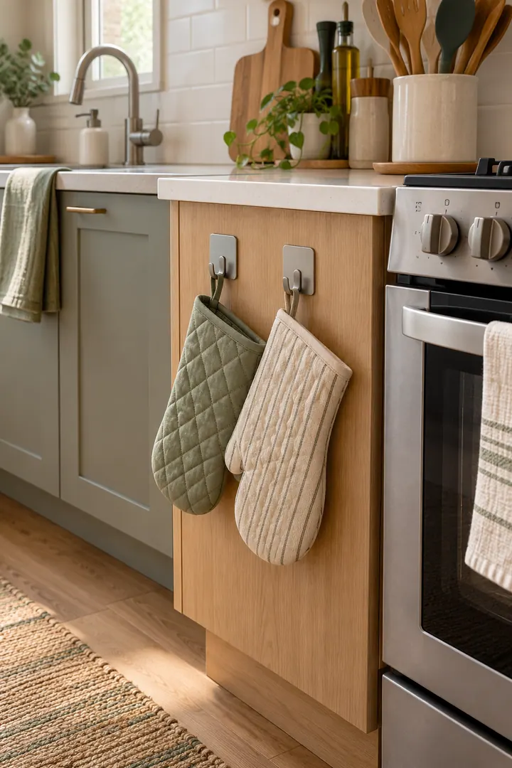 Detail/Lifestyle Photo of adhesive hook oven mitt station in Rental kitchen cabinet side showing confirm an approved cool surface.