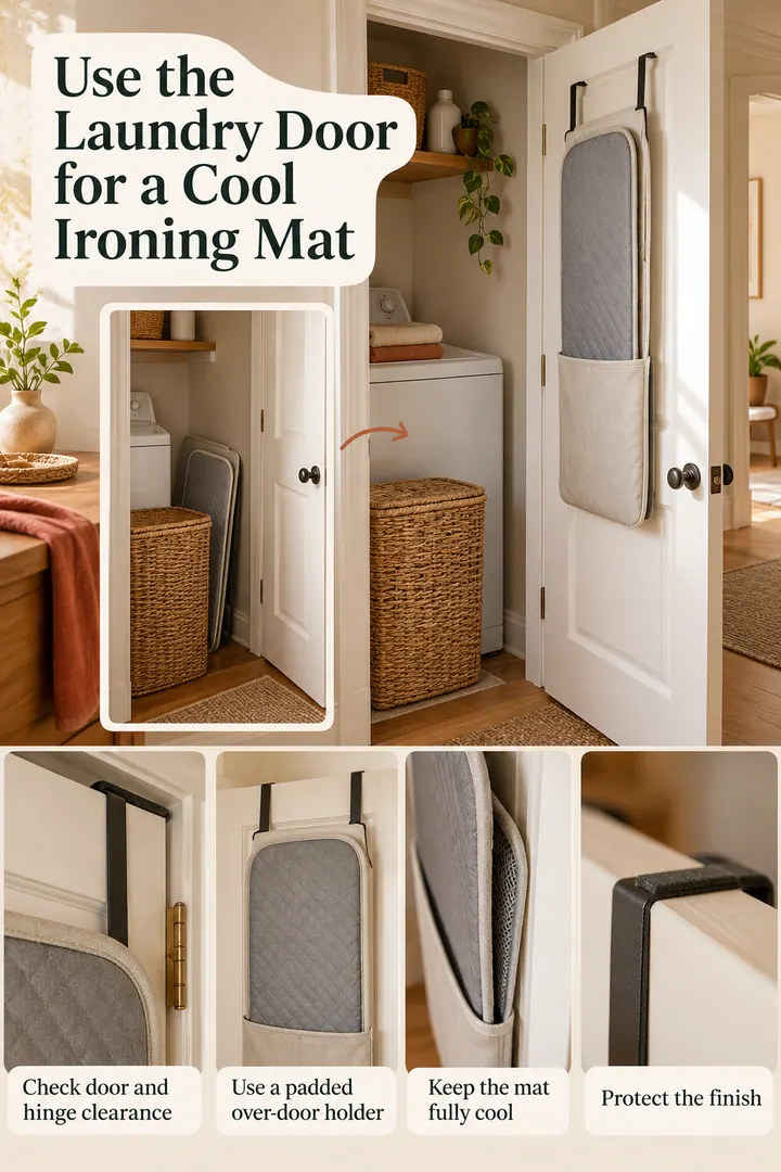Editorial Educational Collage of over door ironing mat holder in Rental laundry closet door showing check door and hinge clearance.