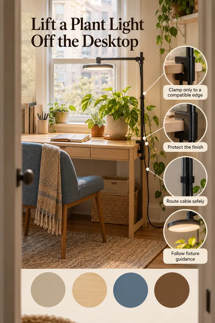 Color Palette Guide of clamp on plant light support in Rental window desk showing clamp only to a compatible edge.