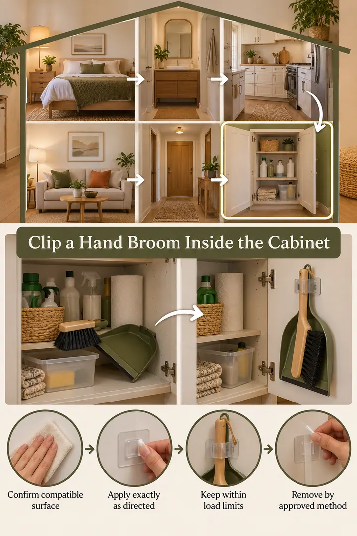 Room-by-Room Visual Guide of adhesive broom clip dustpan in Rental utility cabinet showing confirm compatible surface.