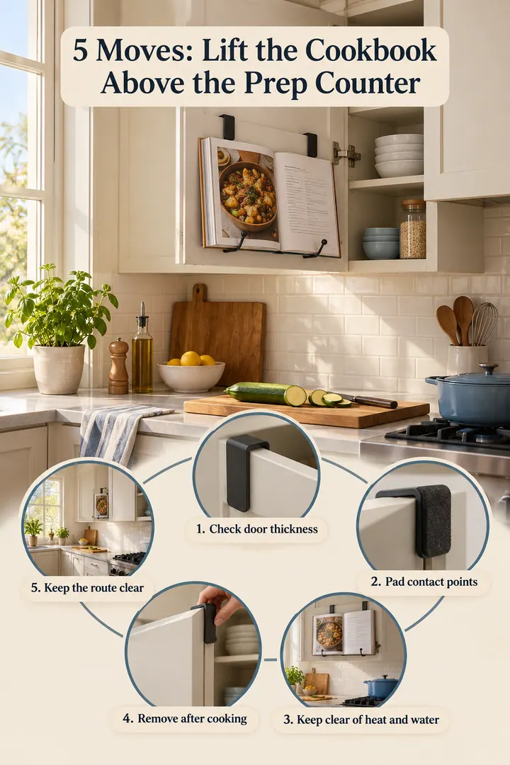 Numbered Ideas Infographic of over cabinet cookbook holder in Rental kitchen cupboard showing check door thickness.