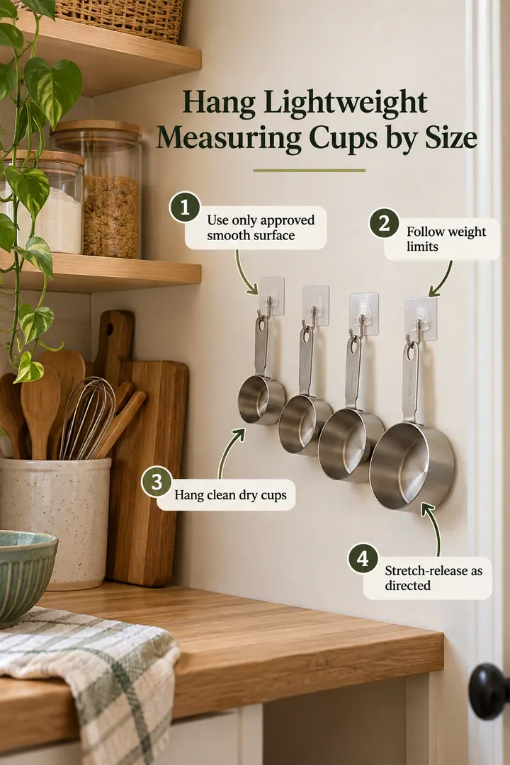 Annotated Educational Photo of adhesive hook measuring cup row in Rental pantry wall showing use only approved smooth surface.