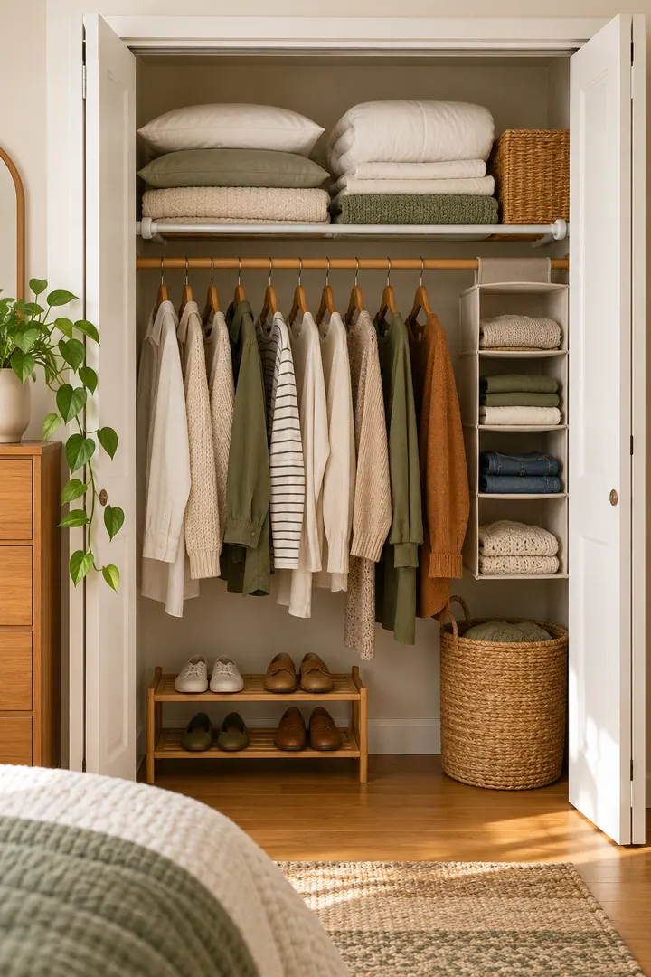 Clean Photo of pressure fit wardrobe shelf in Rental reach-in closet showing choose a compatible pressure-fit shelf.