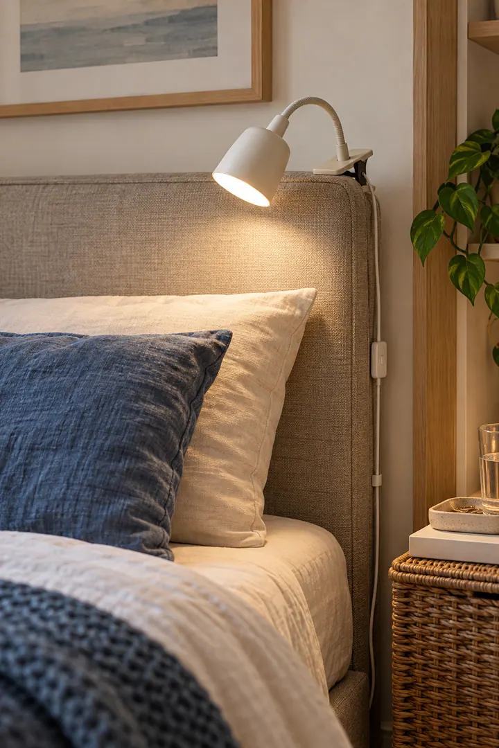 Detail/Lifestyle Photo of clip on night reading light in Rental bedroom headboard showing use a compatible padded clip.