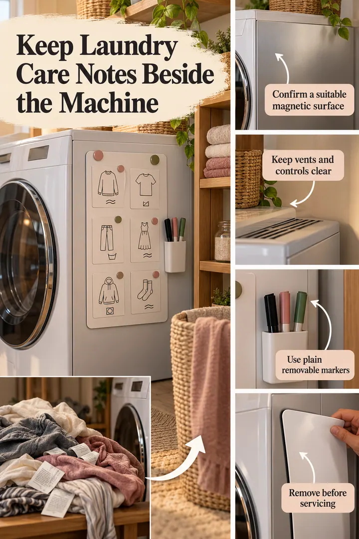 Editorial Educational Collage of magnetic laundry reminder board in Rental laundry appliance side showing confirm a suitable magnetic surface.