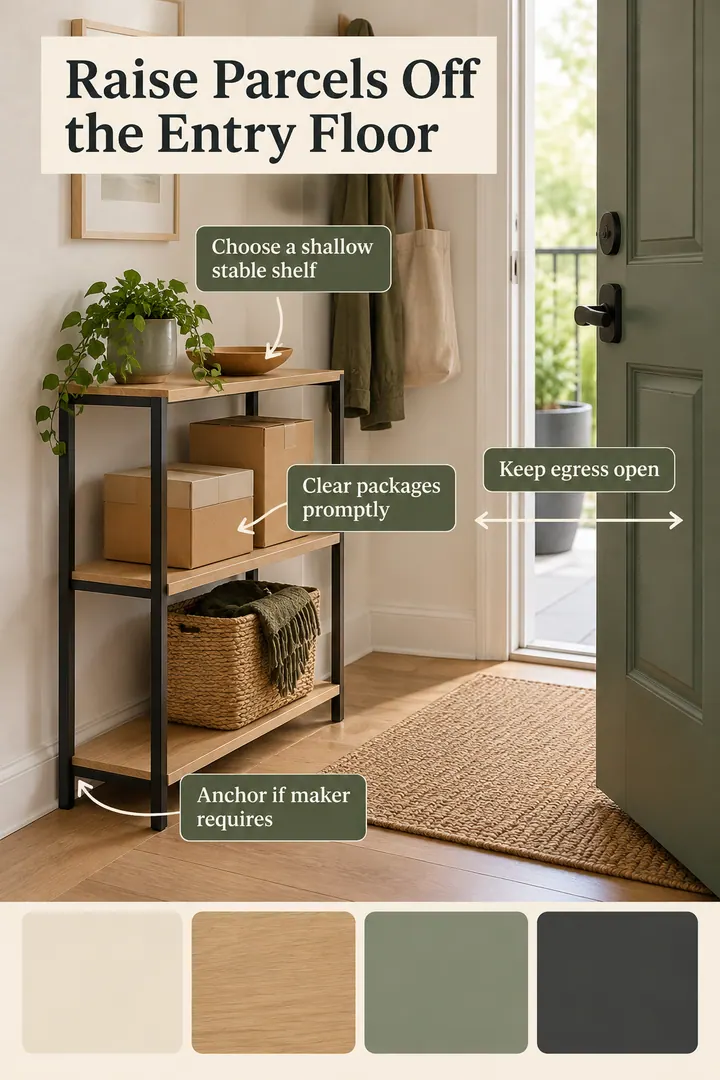 Color Palette Guide of freestanding entry parcel shelf in Rental entryway showing choose a shallow stable shelf.