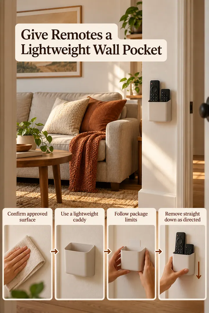 Room-by-Room Visual Guide of adhesive caddy remote control wall in Rental living room showing confirm approved surface.