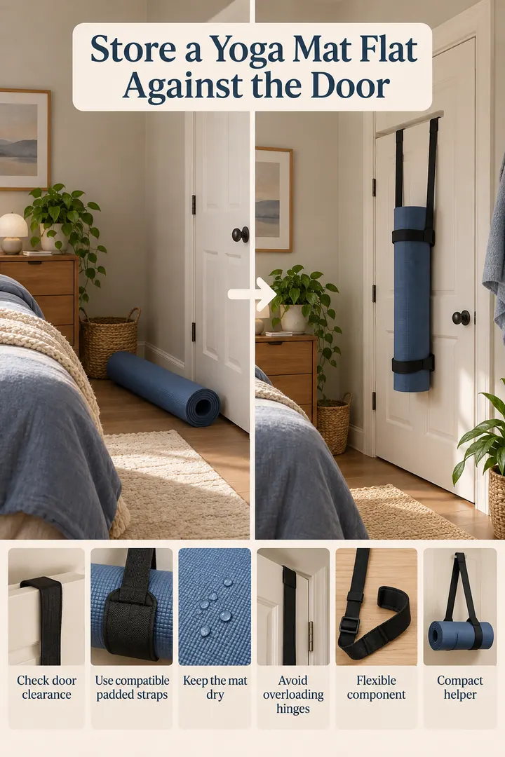 Budget Decor Catalog of over door yoga mat straps in Rental bedroom door showing check door clearance.