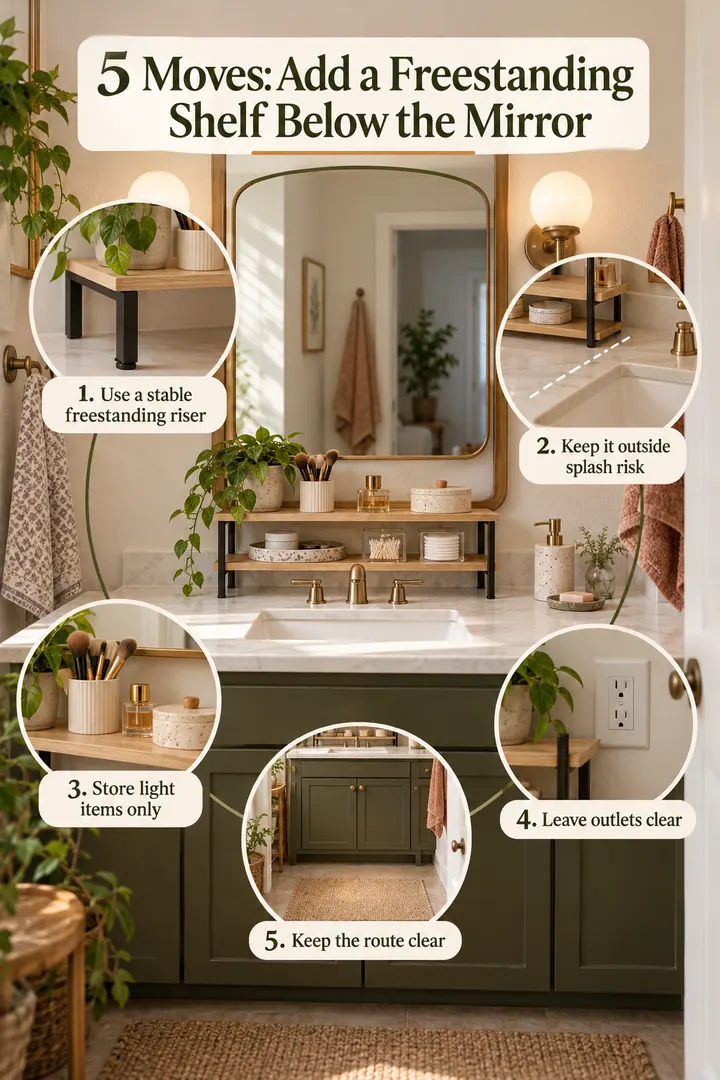 Numbered Ideas Infographic of countertop mirror riser shelf in Rental bathroom showing use a stable freestanding riser.
