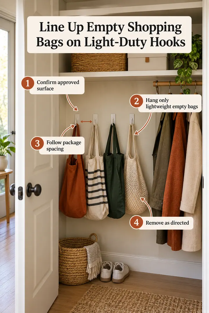 Annotated Educational Photo of removable hook reusable bag row in Rental entry closet showing confirm approved surface.