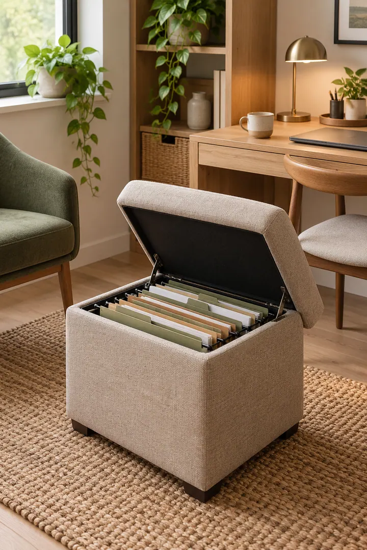 Detail/Lifestyle Photo of ottoman file storage seat in Home office corner showing choose a stable lidded ottoman.