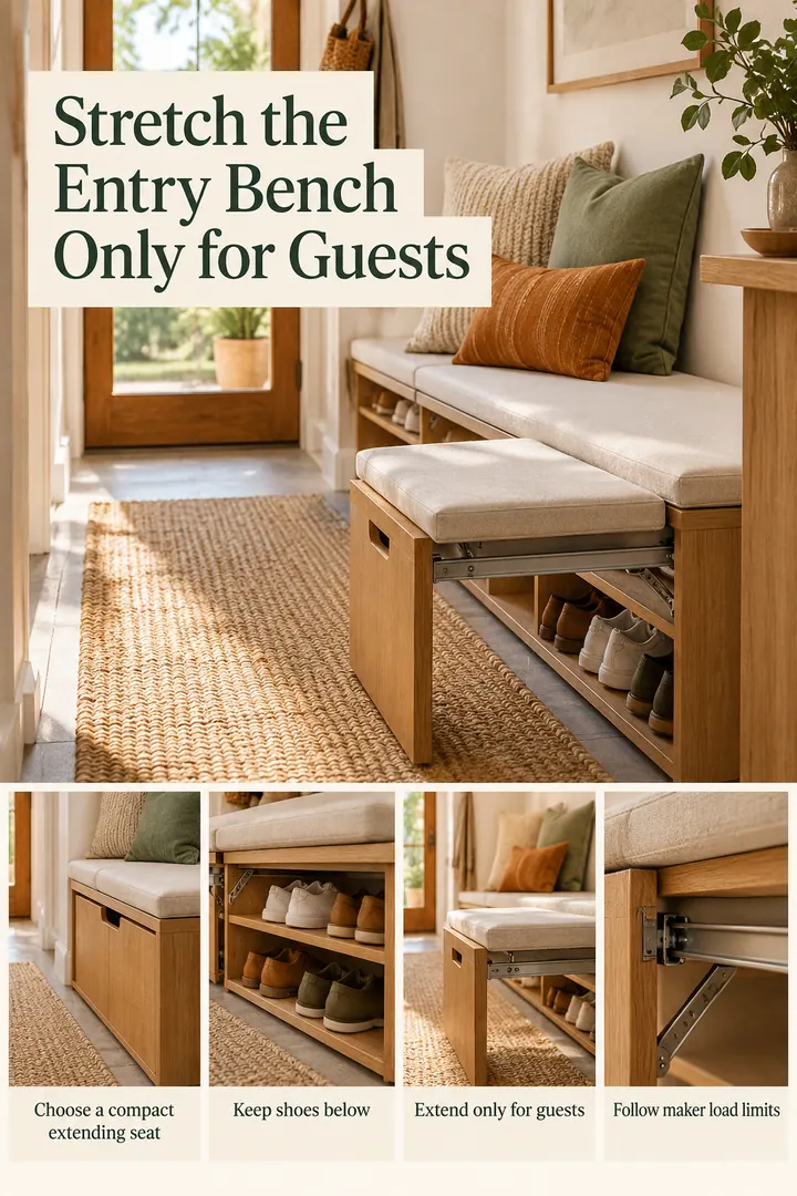 Editorial Educational Collage of extending bench shoe rack in Narrow entryway showing choose a compact extending seat.