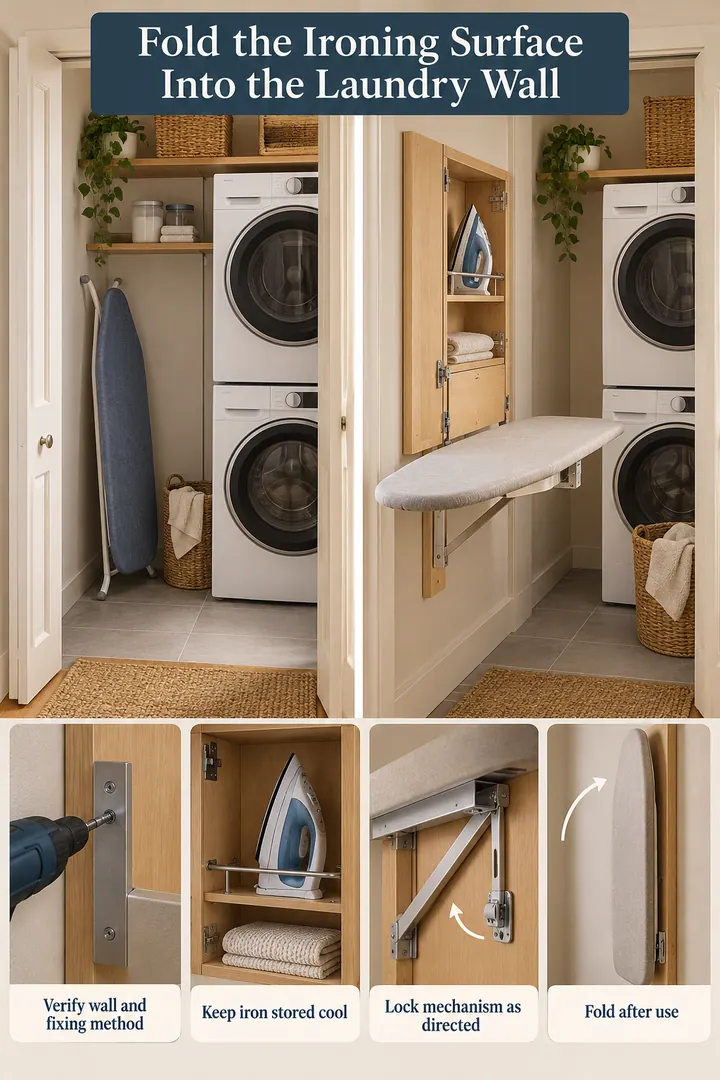 Room-by-Room Visual Guide of fold down ironing center in Laundry closet showing verify wall and fixing method.