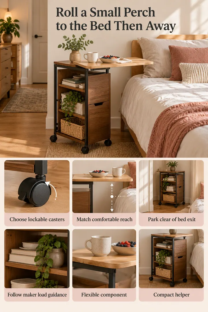 Budget Decor Catalog of rolling bedside cabinet breakfast perch in Studio sleep zone showing choose lockable casters.