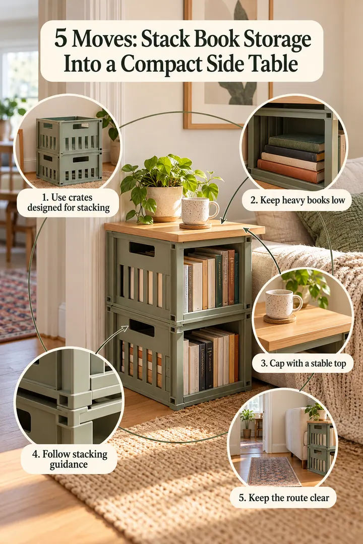 Numbered Ideas Infographic of stackable storage crates side table in Living room corner showing use crates designed for stacking.