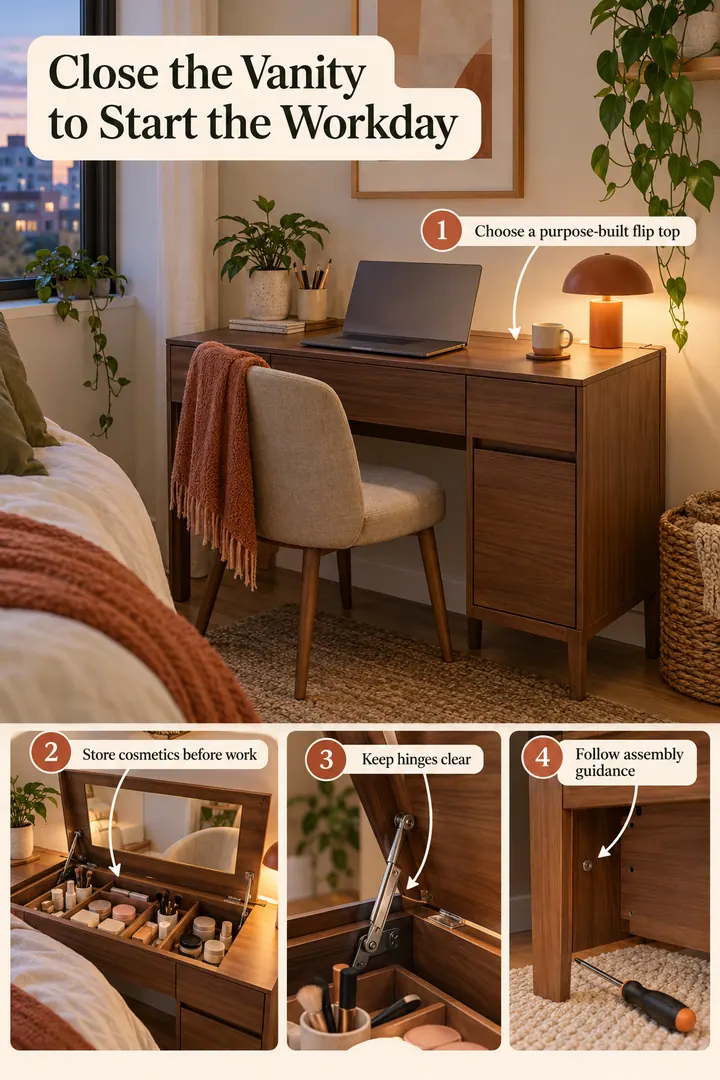 Annotated Educational Photo of flip top vanity desk in Small bedroom showing choose a purpose-built flip top.