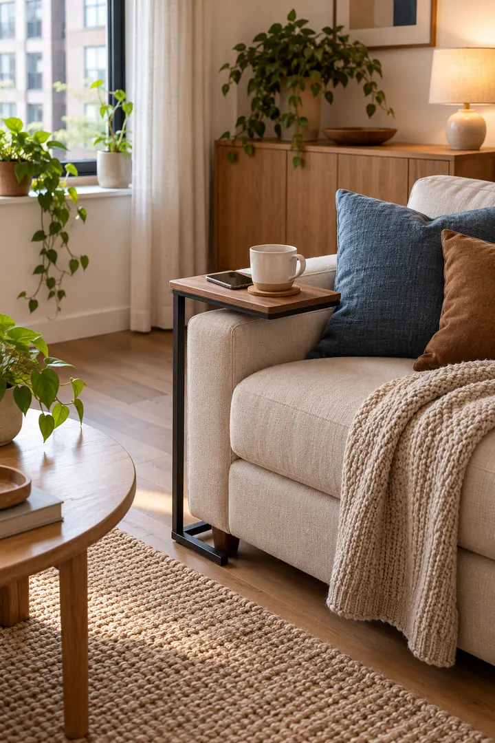 Clean Photo of narrow sofa arm table in Small living room showing choose a stable slim arm table.