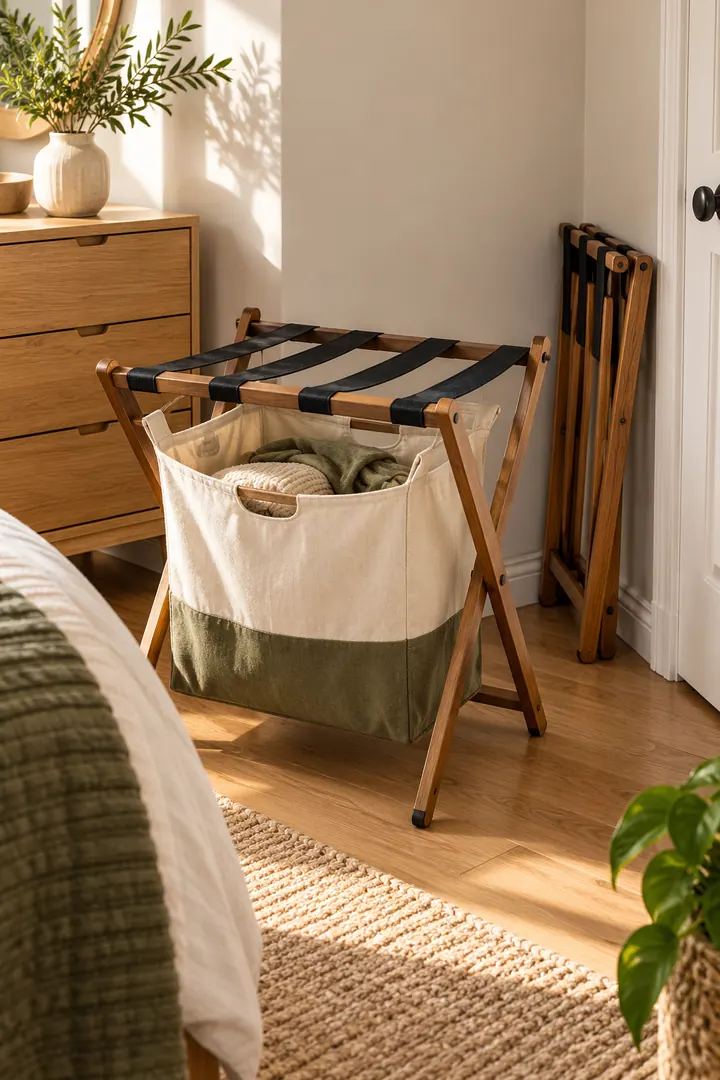 Detail/Lifestyle Photo of folding luggage rack laundry sorter in Guest room corner showing choose a stable folding rack.